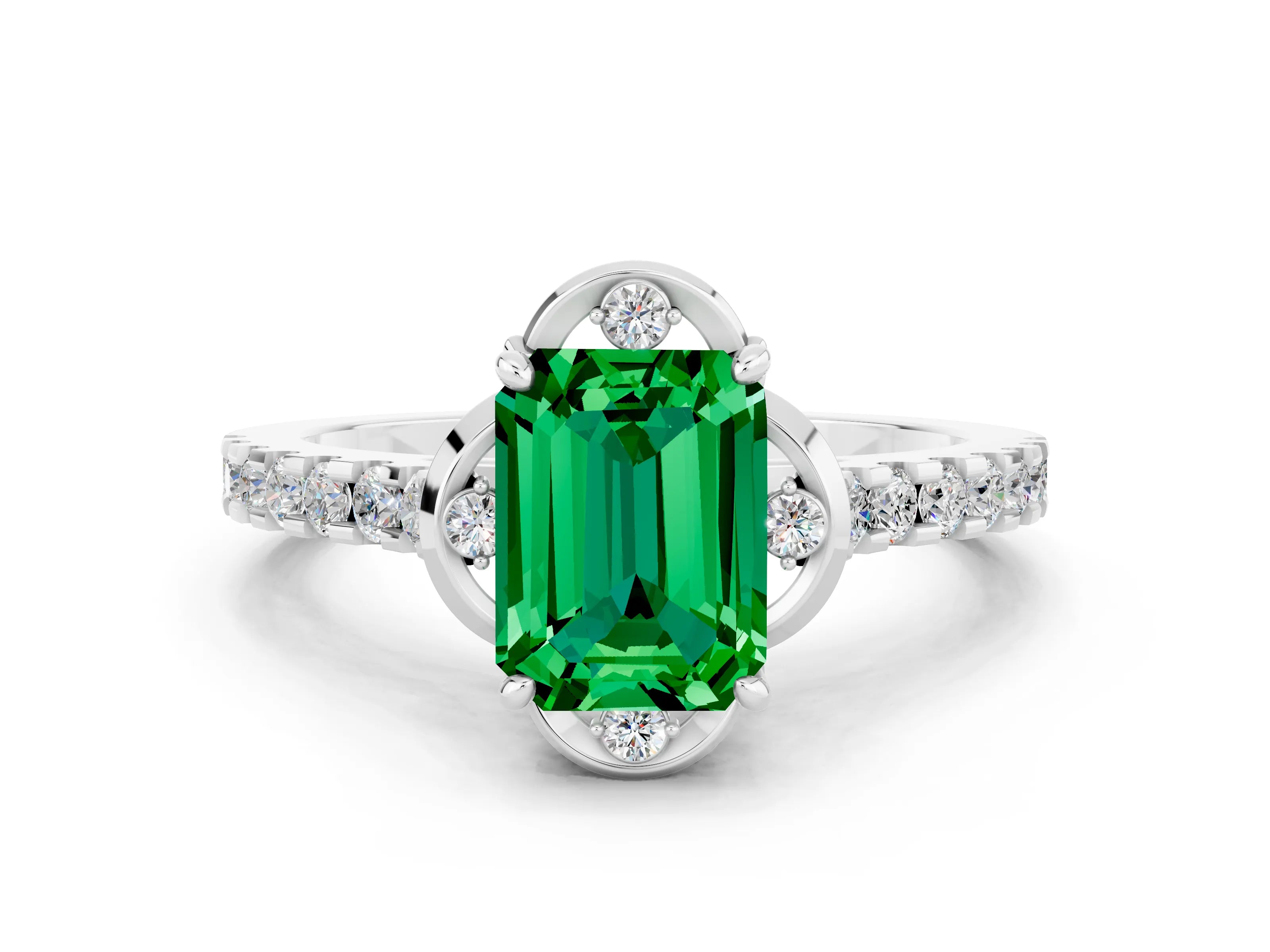 White gold Emerald Cut Emerald Ring with Pavé Band and Floral Prong Setting