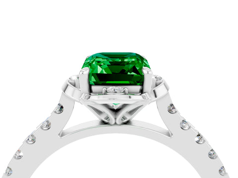 White gold Emerald Cut Emerald Ring with Pavé Band and Floral Prong Setting_4