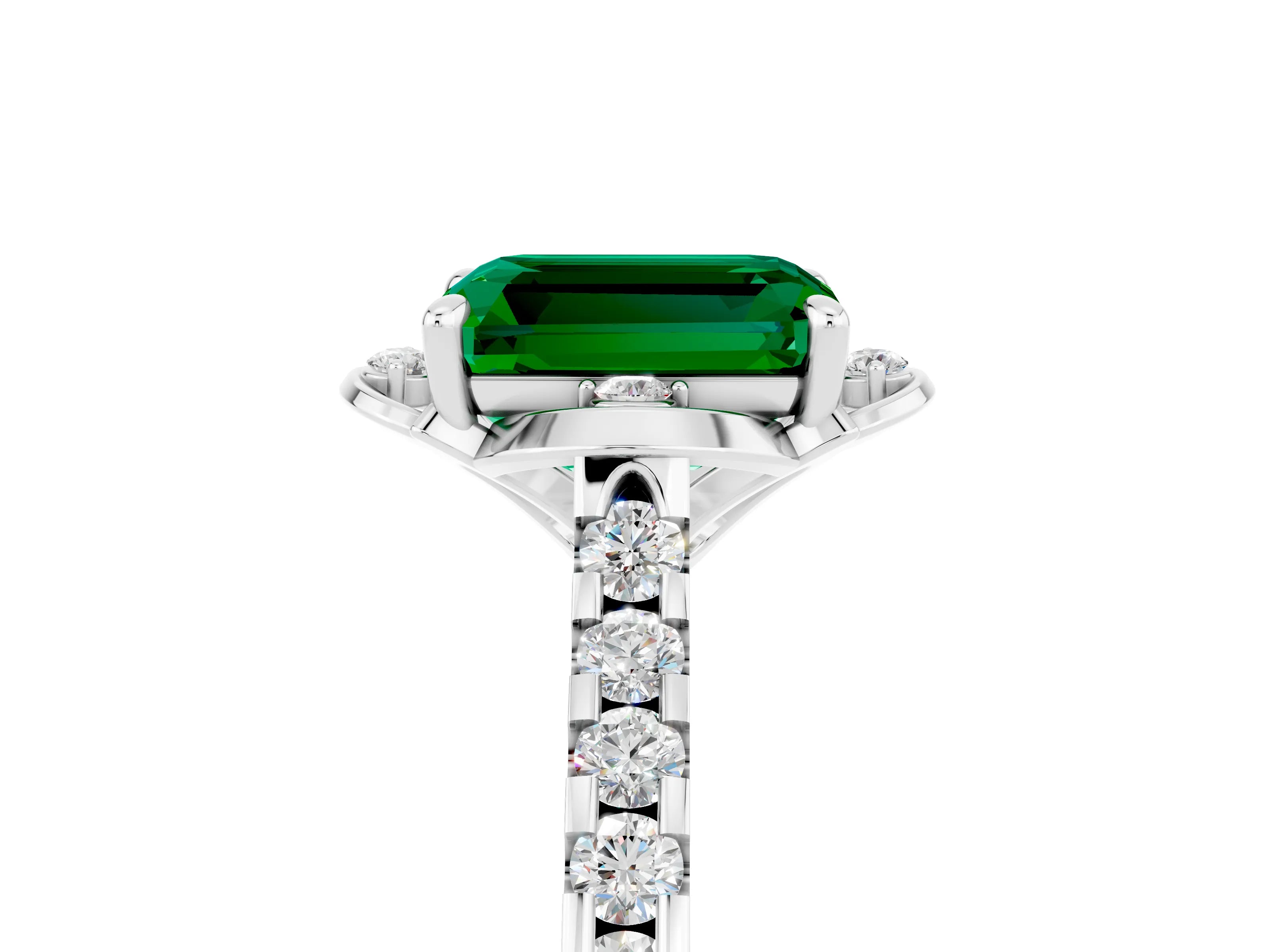 White gold Emerald Cut Emerald Ring with Pavé Band and Floral Prong Setting_5