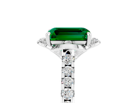White gold Emerald Cut Emerald Ring with Pavé Band and Floral Prong Setting_5