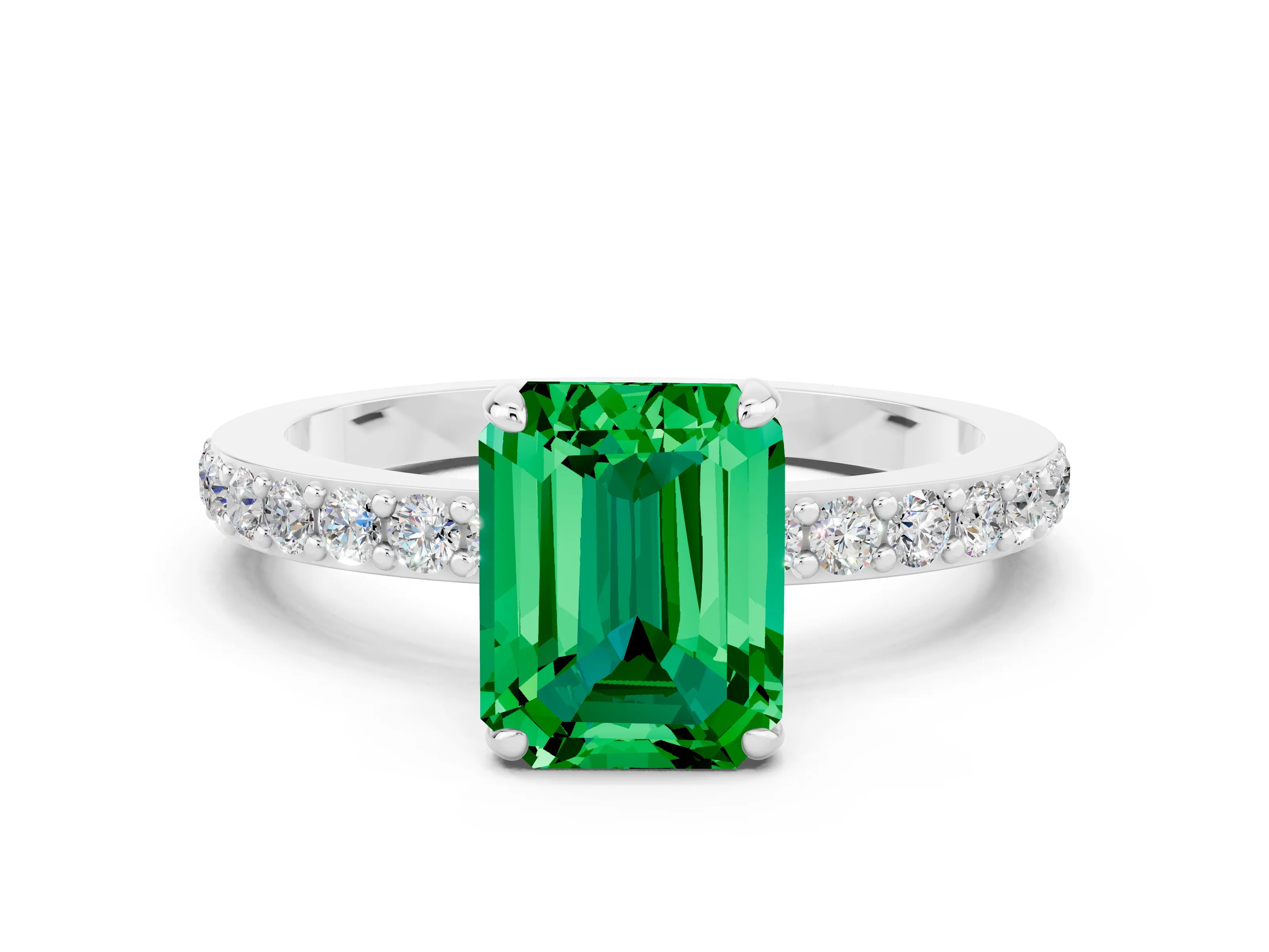 White gold Emerald Cut Emerald Ring with Pavé Band and Four-Prong Setting