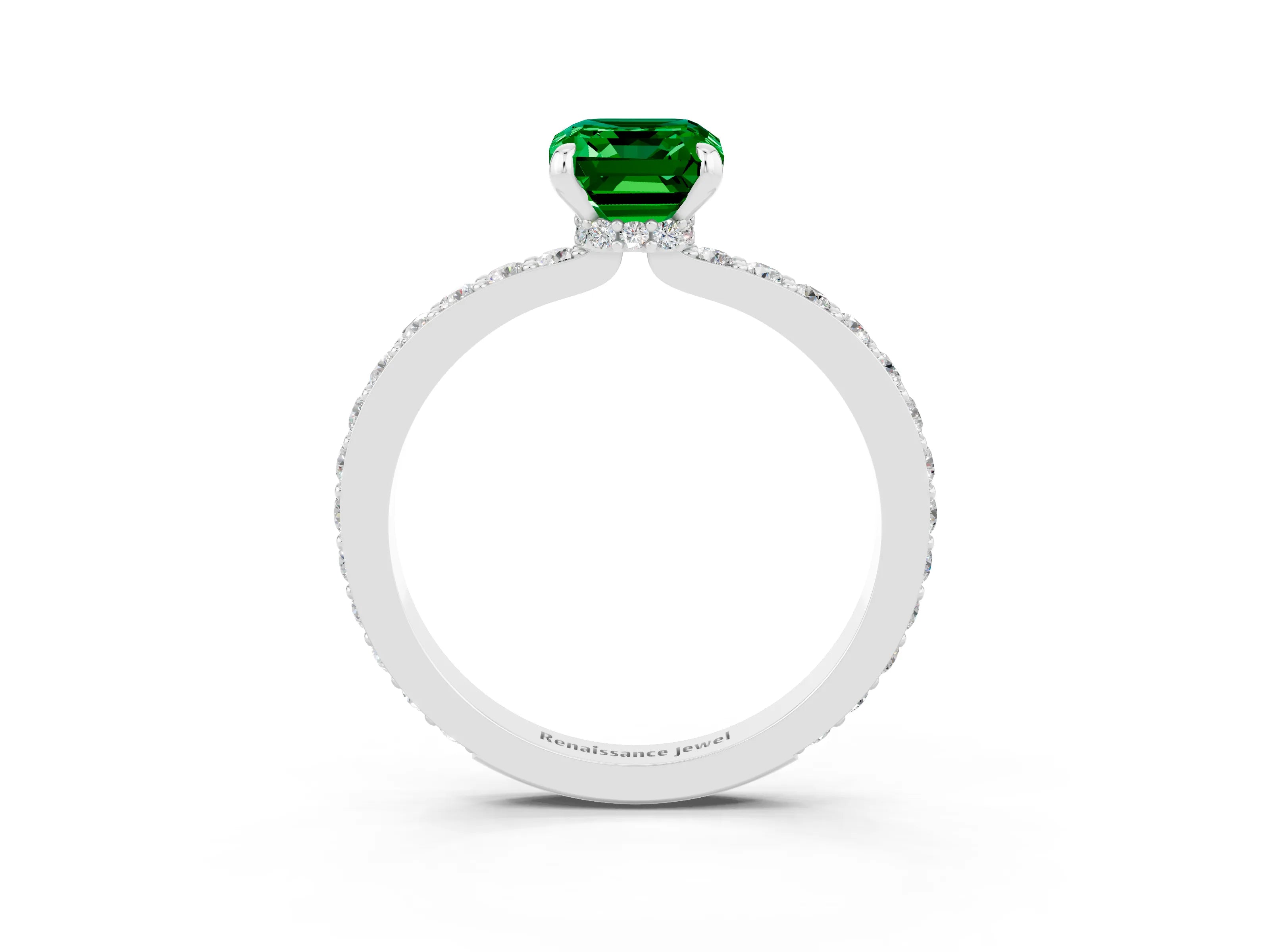 White gold Emerald Cut Emerald Ring with Pavé Band and Four-Prong Setting_3