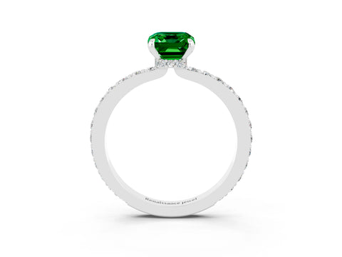 White gold Emerald Cut Emerald Ring with Pavé Band and Four-Prong Setting_3