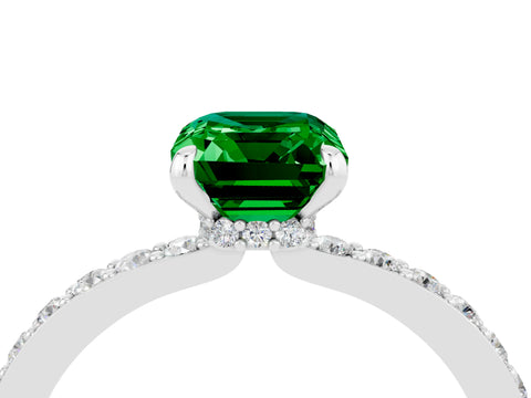 White gold Emerald Cut Emerald Ring with Pavé Band and Four-Prong Setting_4