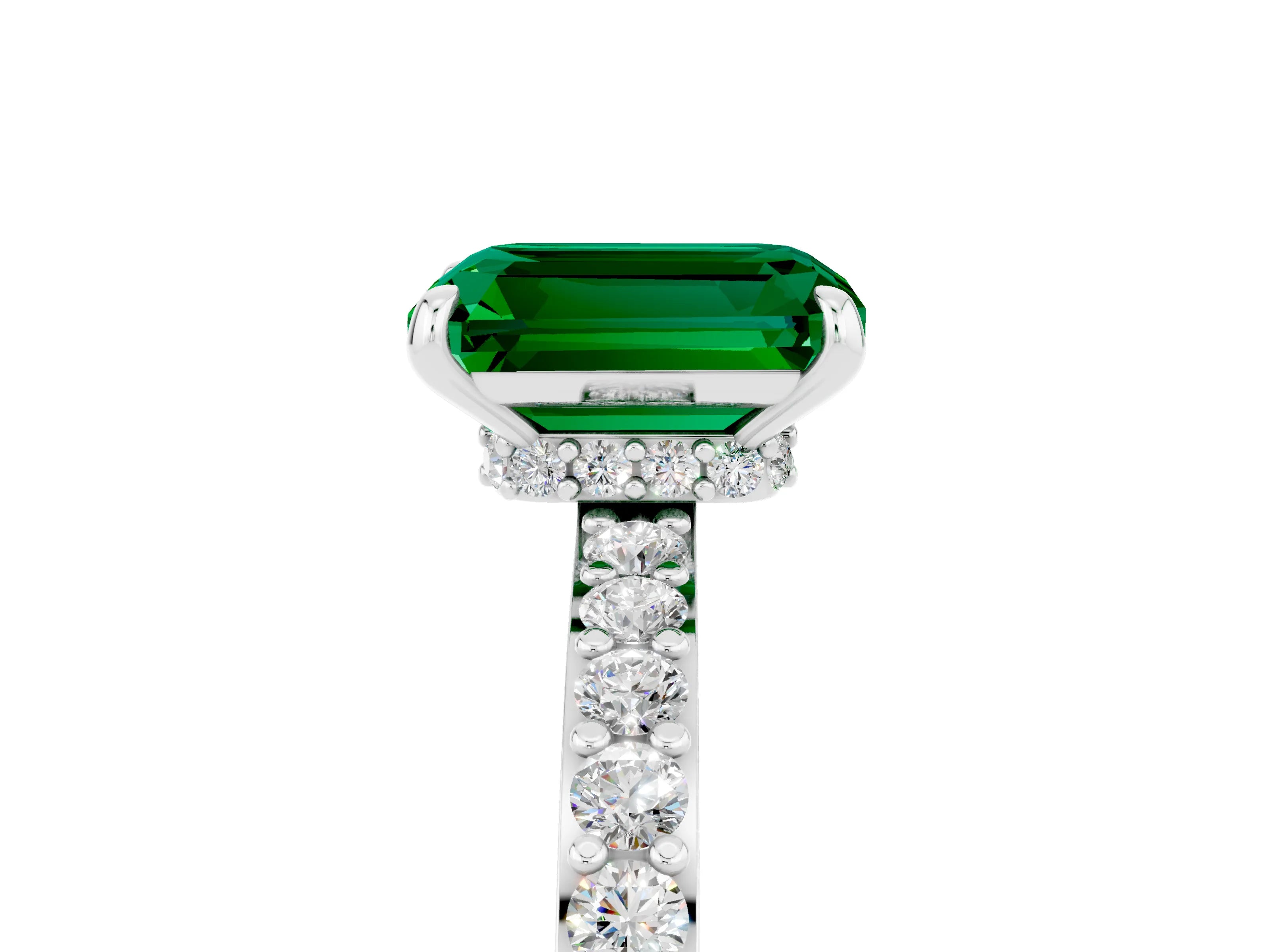 White gold Emerald Cut Emerald Ring with Pavé Band and Four-Prong Setting_5