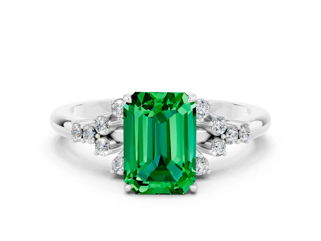 White gold Emerald Cut Emerald Ring with Side Stones and Four-Prong Setting_36
