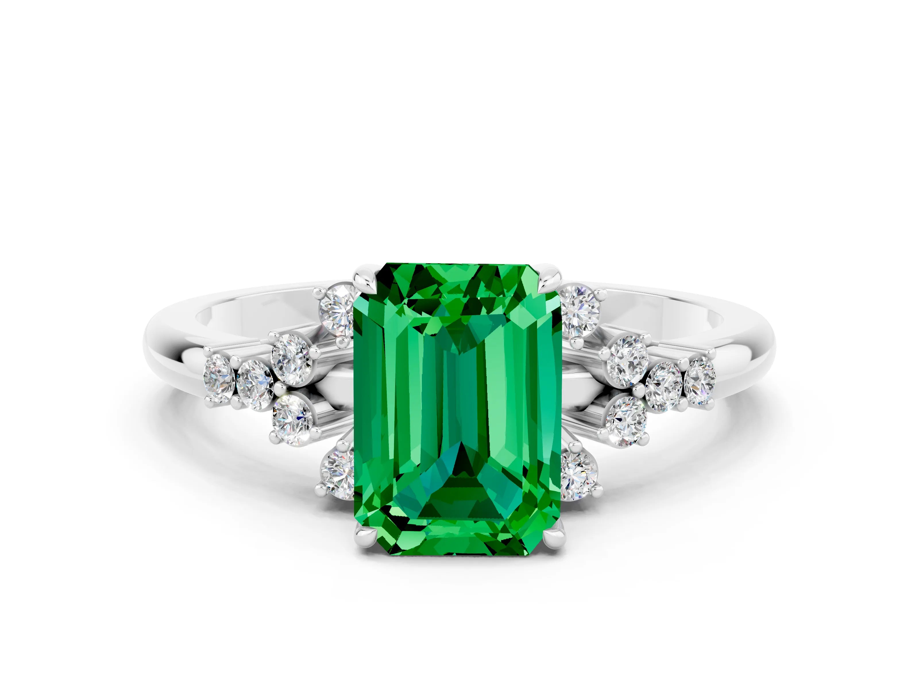 White gold Emerald Cut Emerald Ring with Side Stones and Four-Prong Setting_36