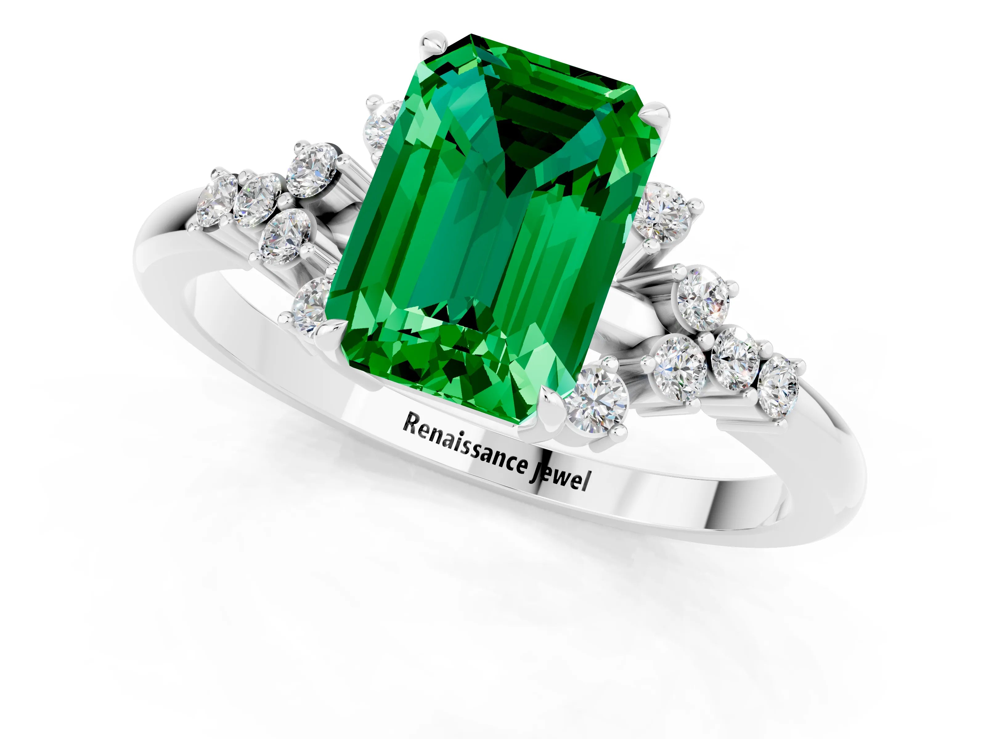 White gold Emerald Cut Emerald Ring with Side Stones and Four-Prong Setting_37