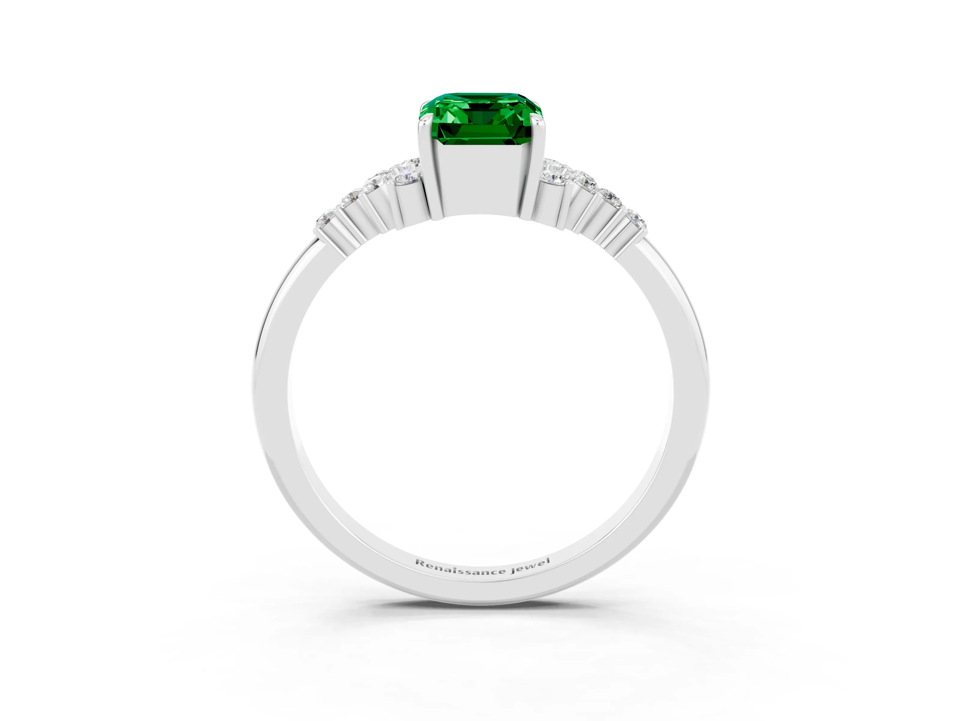 White gold Emerald Cut Emerald Ring with Side Stones and Four-Prong Setting_39