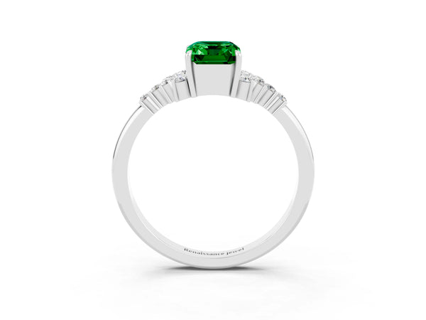 White gold Emerald Cut Emerald Ring with Side Stones and Four-Prong Setting