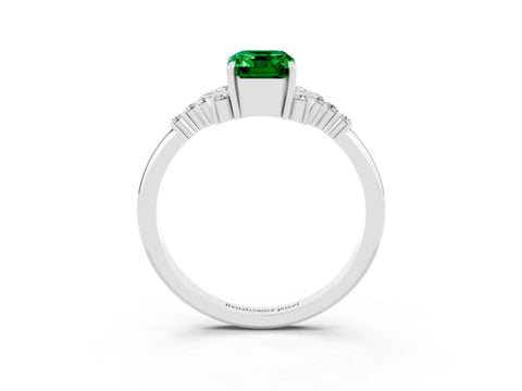 White gold Emerald Cut Emerald Ring with Side Stones and Four-Prong Setting_39