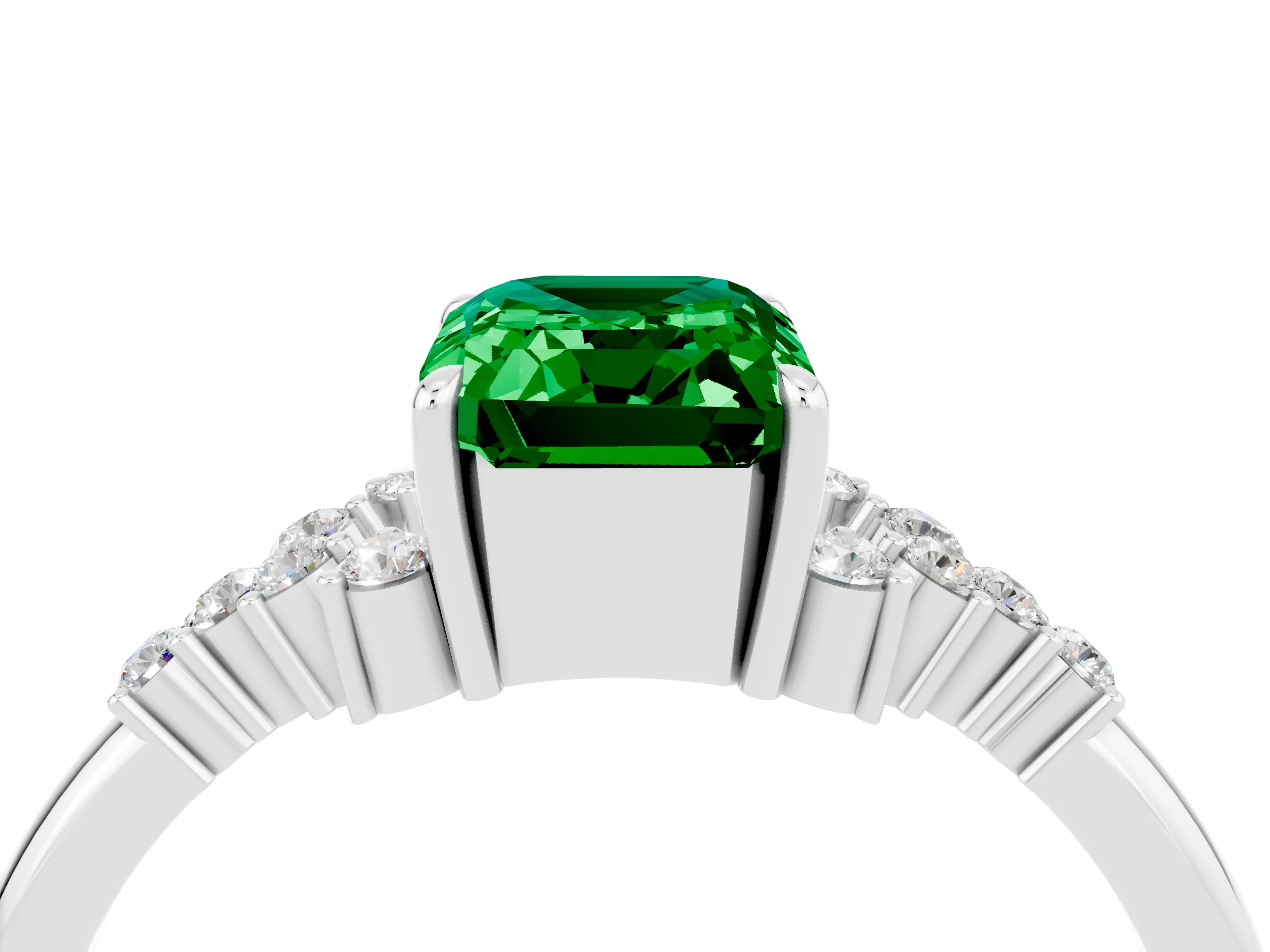 White gold Emerald Cut Emerald Ring with Side Stones and Four-Prong Setting_40