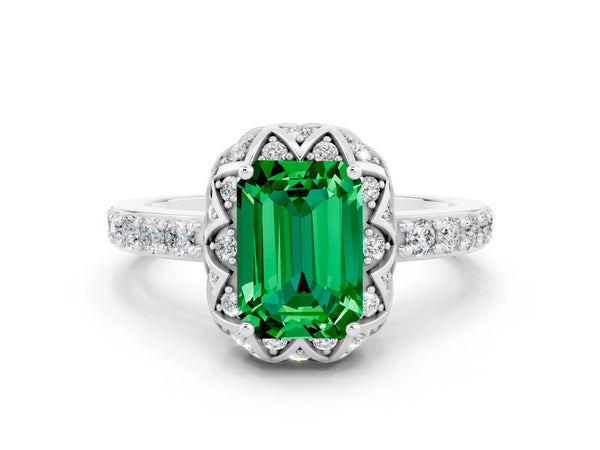 Platinum Emerald Cut Emerald Scalloped Halo Engagement Ring with Round Shared Prong Band