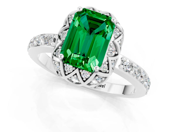 Platinum Emerald Cut Emerald Scalloped Halo Engagement Ring with Round Shared Prong Band