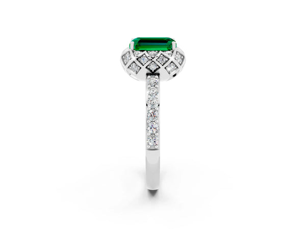 Platinum Emerald Cut Emerald Scalloped Halo Engagement Ring with Round Shared Prong Band