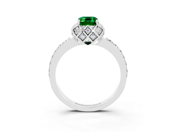 Platinum Emerald Cut Emerald Scalloped Halo Engagement Ring with Round Shared Prong Band