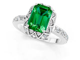 White gold Emerald Cut Emerald Scalloped Halo Engagement Ring with Round Shared Prong Band_25