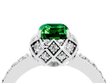 White gold Emerald Cut Emerald Scalloped Halo Engagement Ring with Round Shared Prong Band_28