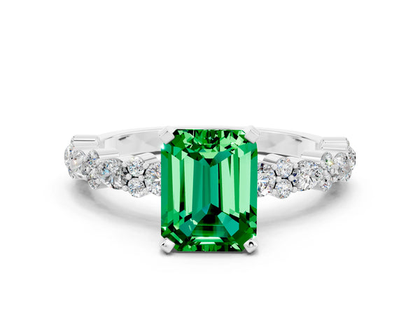 Platinum Emerald Cut Emerald Side Stone Solitaire Ring with Round  and Four-Prong Setting