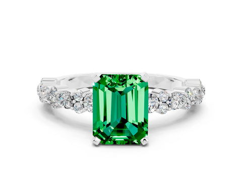 White gold Emerald Cut Emerald Side Stone Solitaire Ring with Round  and Four-Prong Setting_60