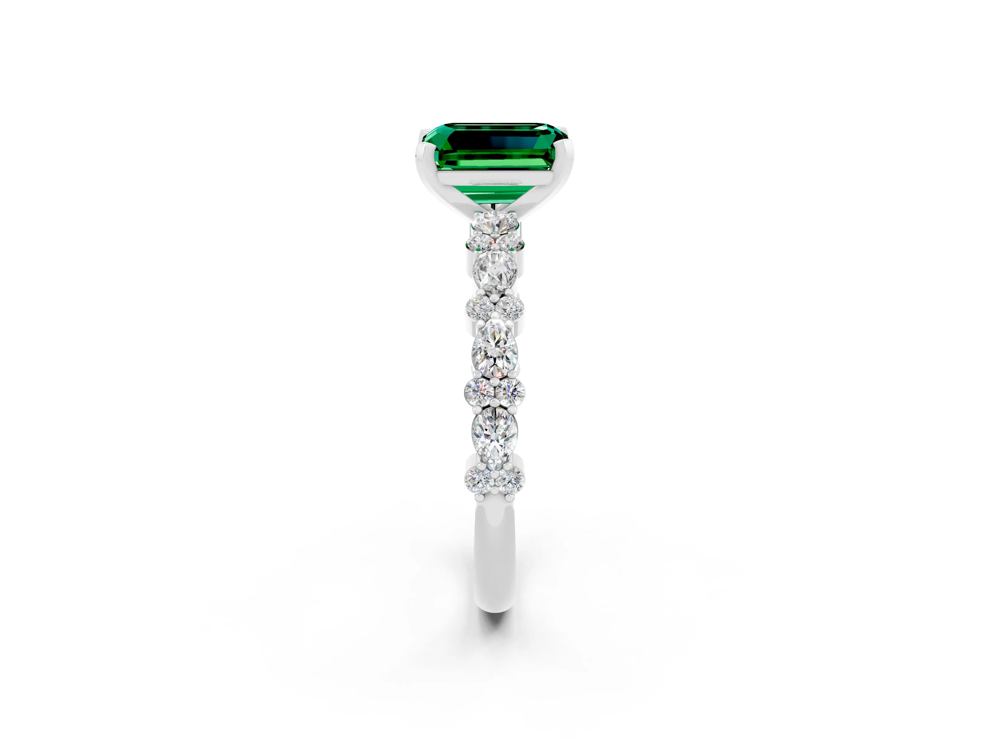 White gold Emerald Cut Emerald Side Stone Solitaire Ring with Round  and Four-Prong Setting_62