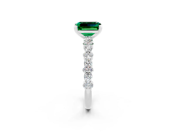 White gold Emerald Cut Emerald Side Stone Solitaire Ring with Round  and Four-Prong Setting