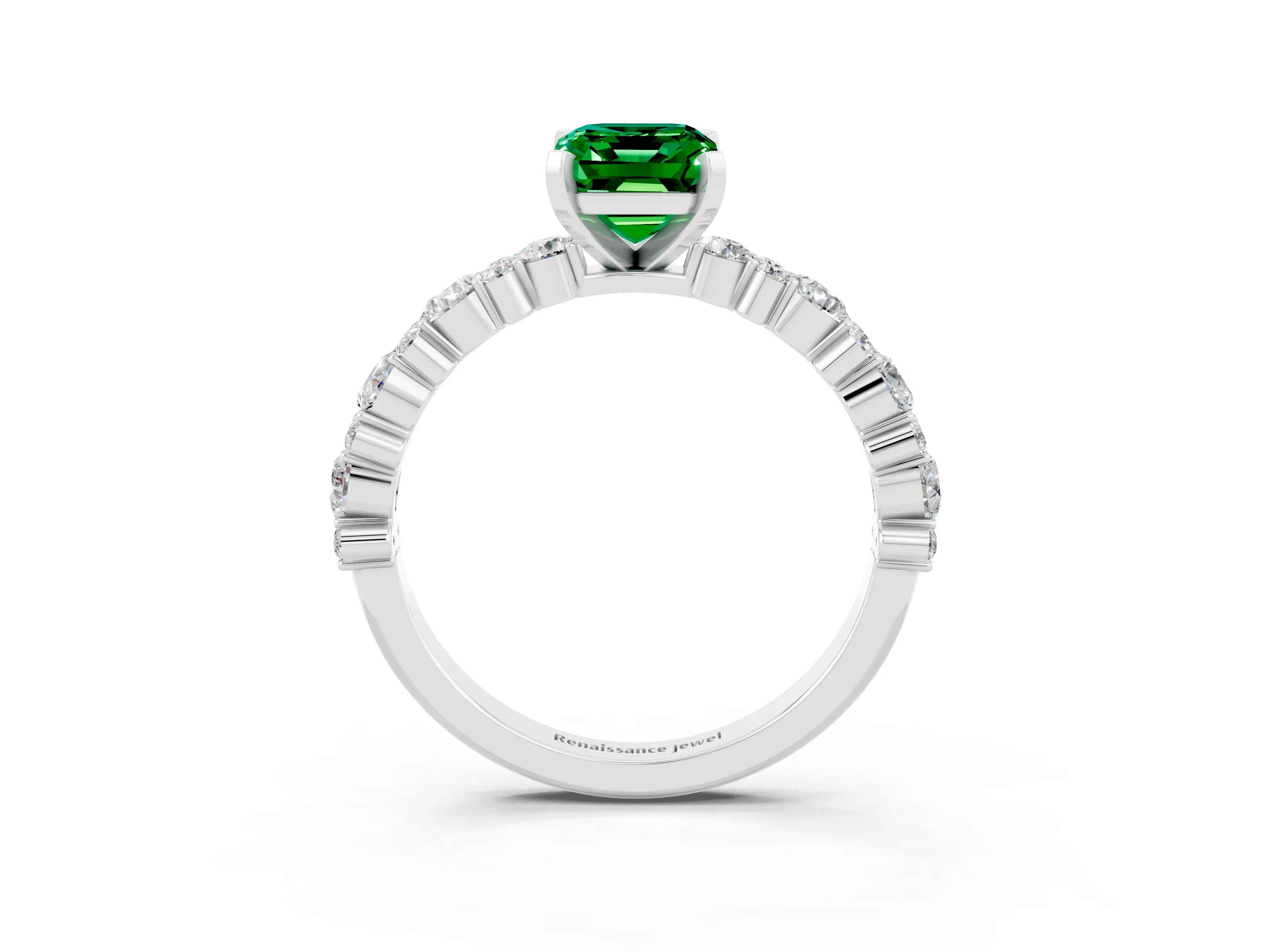 White gold Emerald Cut Emerald Side Stone Solitaire Ring with Round  and Four-Prong Setting_63