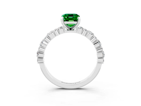 White gold Emerald Cut Emerald Side Stone Solitaire Ring with Round  and Four-Prong Setting