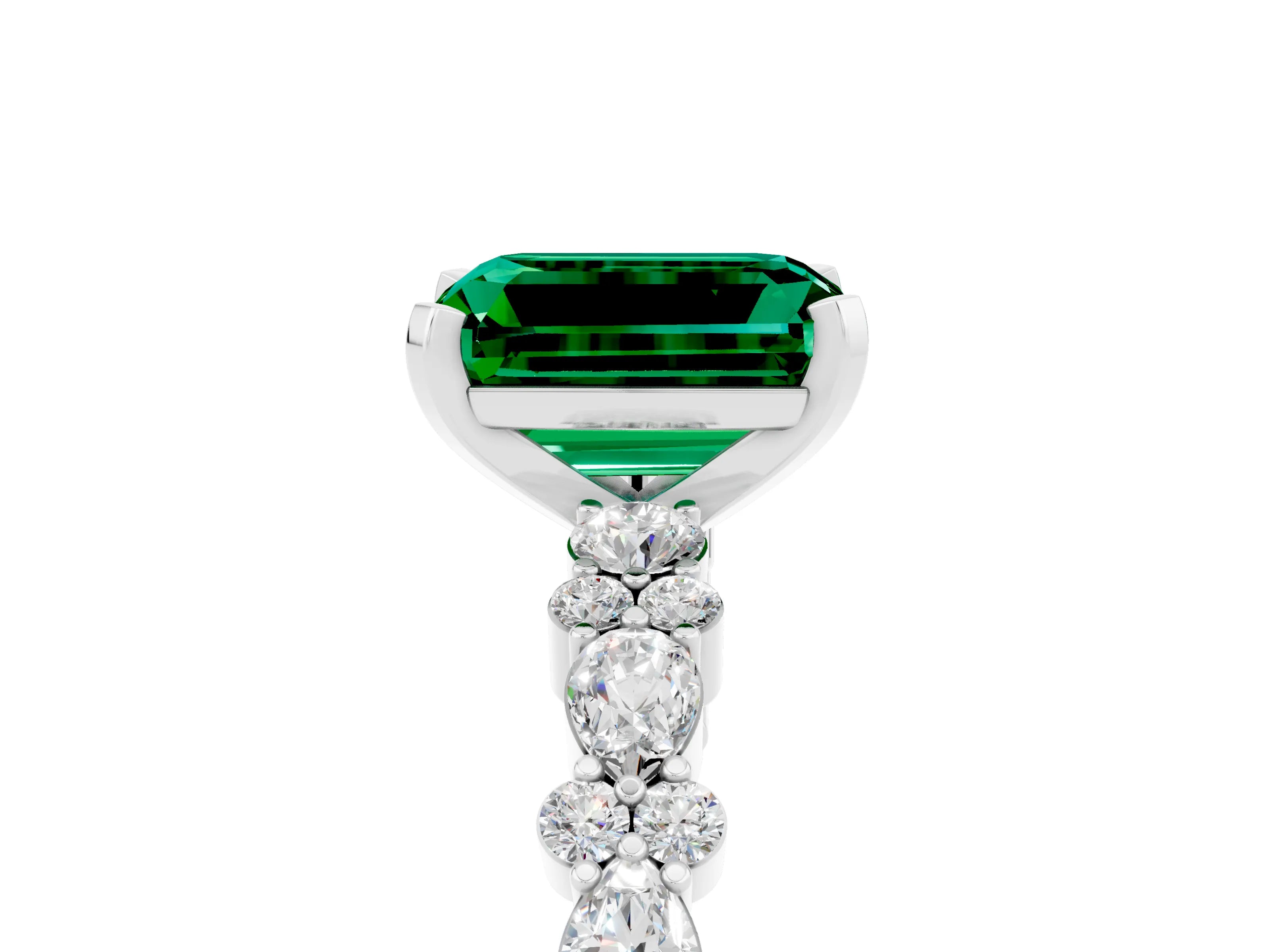 White gold Emerald Cut Emerald Side Stone Solitaire Ring with Round  and Four-Prong Setting_65