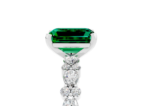White gold Emerald Cut Emerald Side Stone Solitaire Ring with Round  and Four-Prong Setting_65