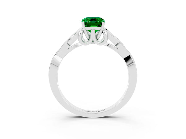 Silver Emerald Cut Emerald Solitaire Celtic Knot Ring with Four-Prong Setting