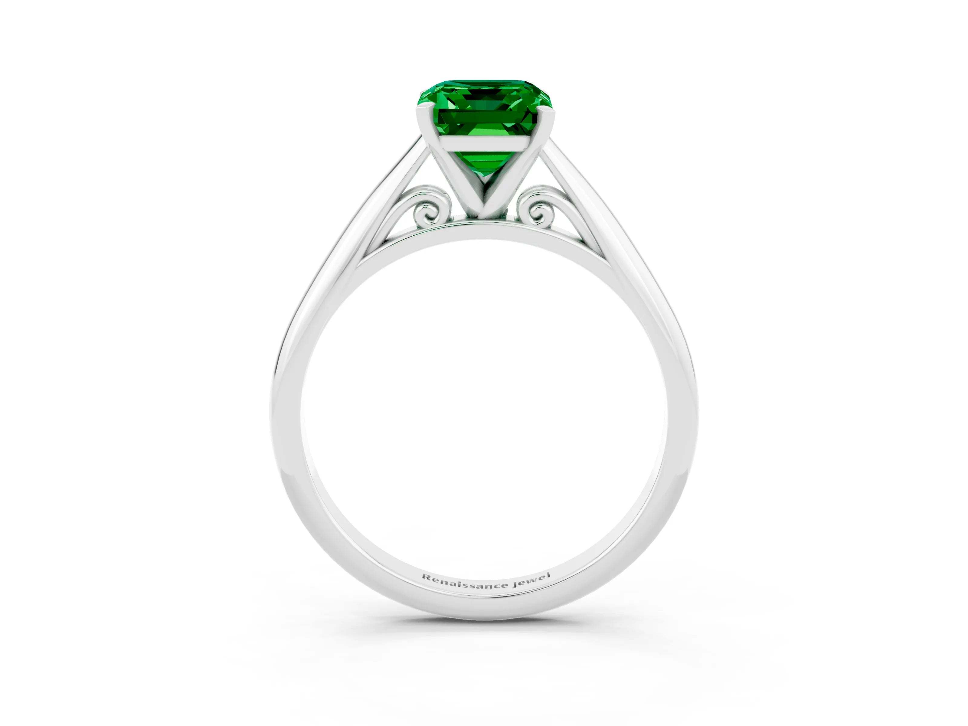 White gold Emerald Cut Emerald Solitaire Engagement Ring with Cathedral Setting and Four-Prong Mount_15