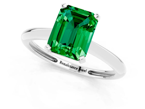 White gold Emerald Cut Emerald Solitaire Engagement Ring with Classic Band and Four-Prong Setting