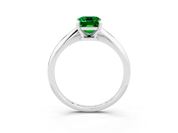 White gold Emerald Cut Emerald Solitaire Engagement Ring with Classic Band and Four-Prong Setting