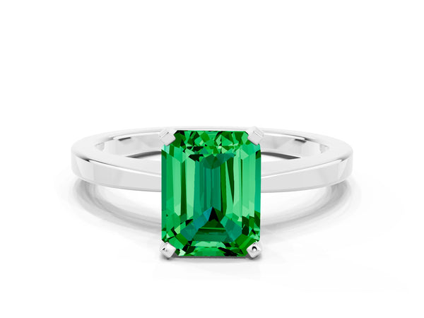 Silver Emerald Cut Emerald Solitaire Engagement Ring with Classic Band and Four-Prong Setting