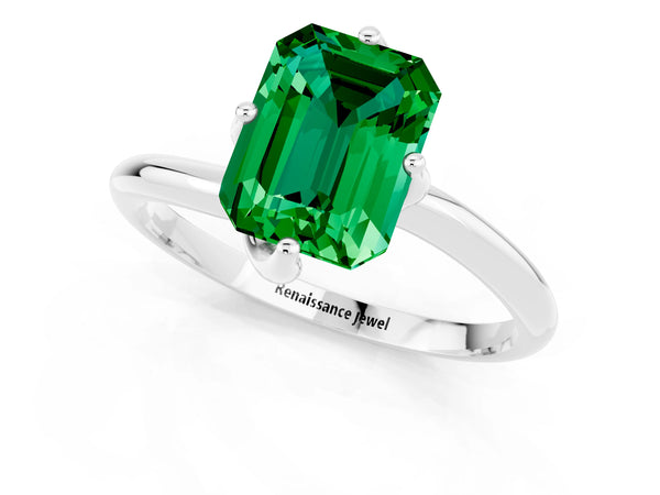 White gold Emerald Cut Emerald Solitaire Engagement Ring with Four-Prong Setting and Classic Band