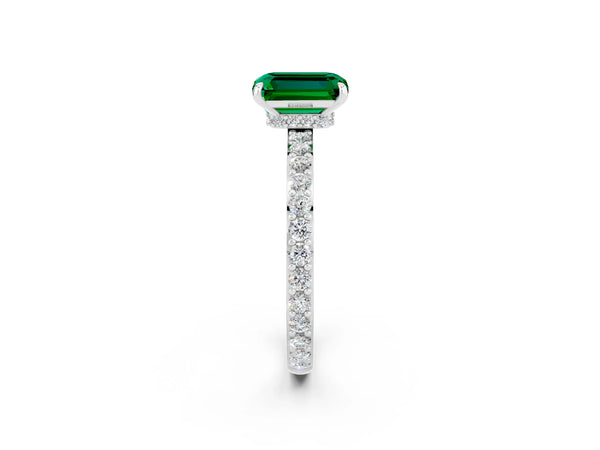 Platinum Emerald Cut Emerald Solitaire Engagement Ring with Pavé Band and Four-Prong Setting