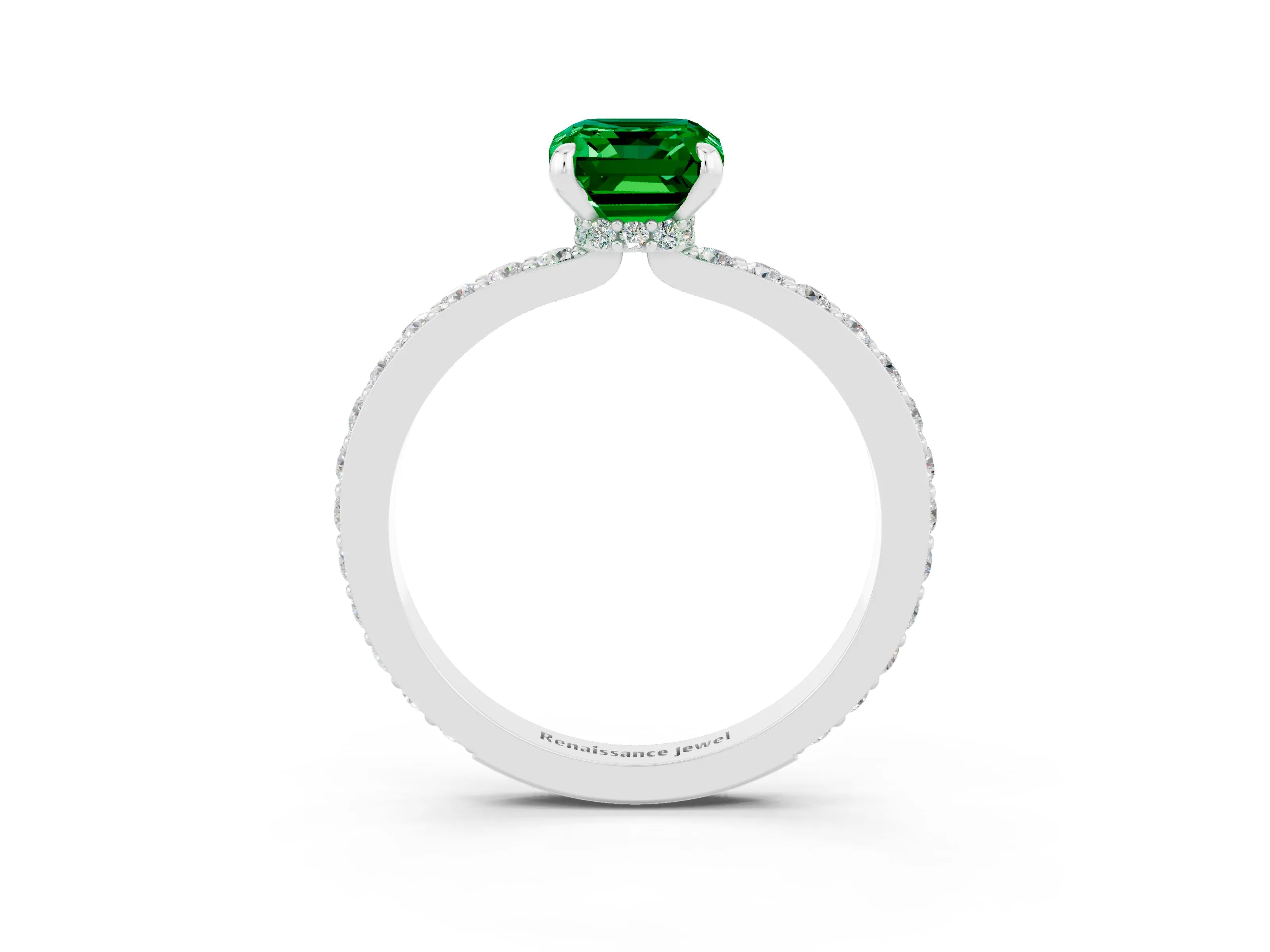 White gold Emerald Cut Emerald Solitaire Engagement Ring with Pavé Band and Four-Prong Setting_3
