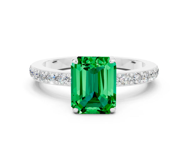 Silver Emerald Cut Emerald Solitaire Engagement Ring with Pavé Band and Four-Prong Setting