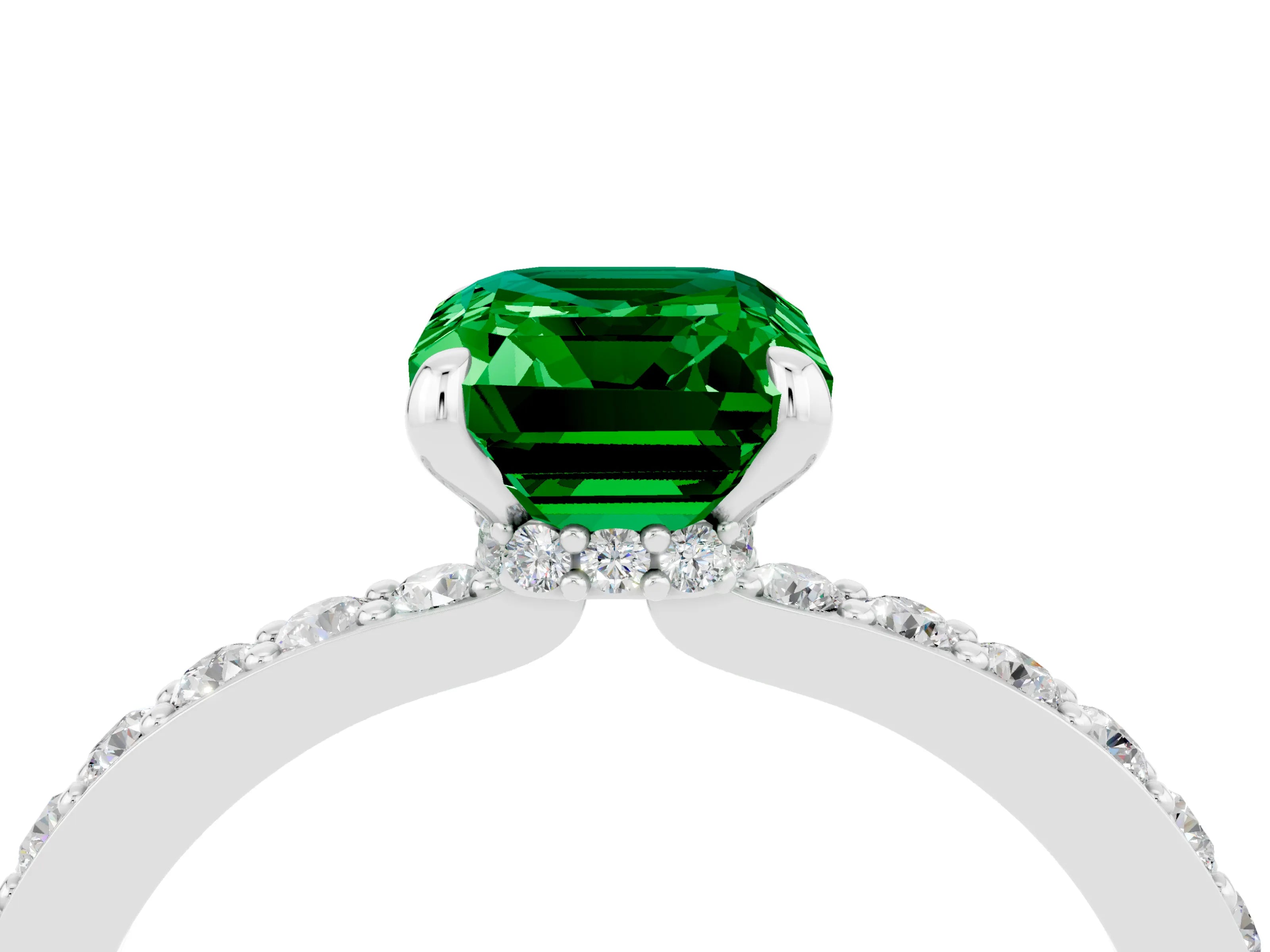 White gold Emerald Cut Emerald Solitaire Engagement Ring with Pavé Band and Four-Prong Setting_4