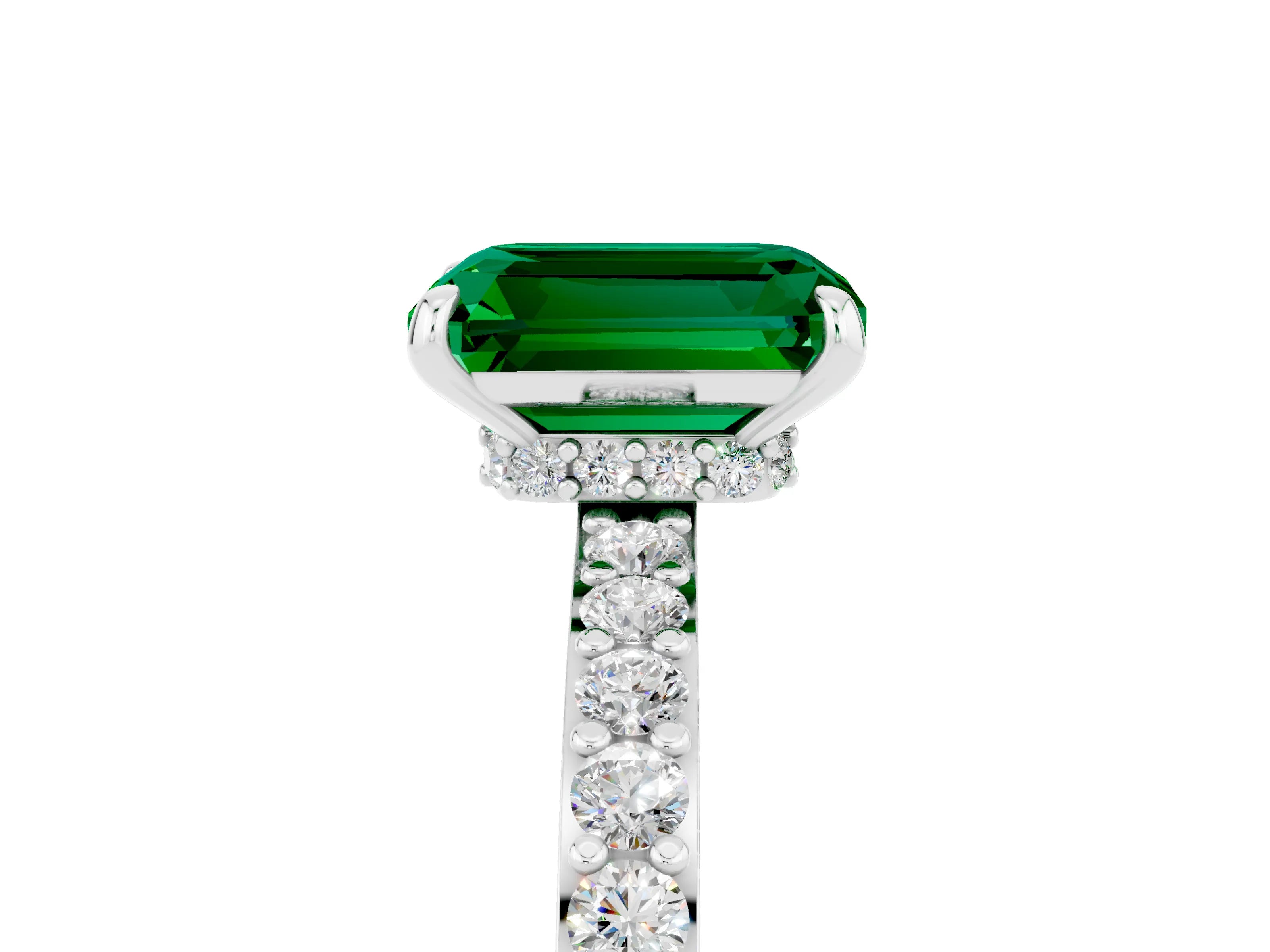White gold Emerald Cut Emerald Solitaire Engagement Ring with Pavé Band and Four-Prong Setting_5
