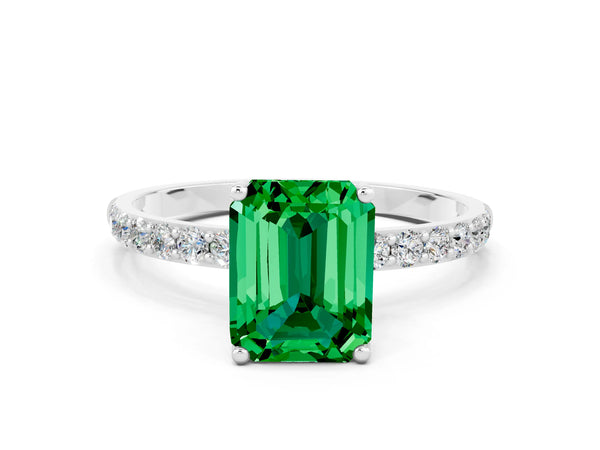 Platinum Emerald Cut Emerald Solitaire Engagement Ring with Round  Pavé Band and Prong Setting