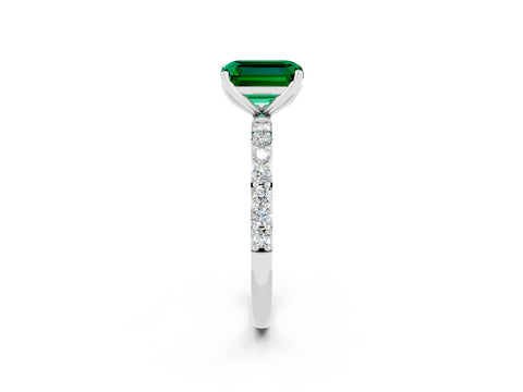 White gold Emerald Cut Emerald Solitaire Engagement Ring with Pavé Band and Prong Setting_2