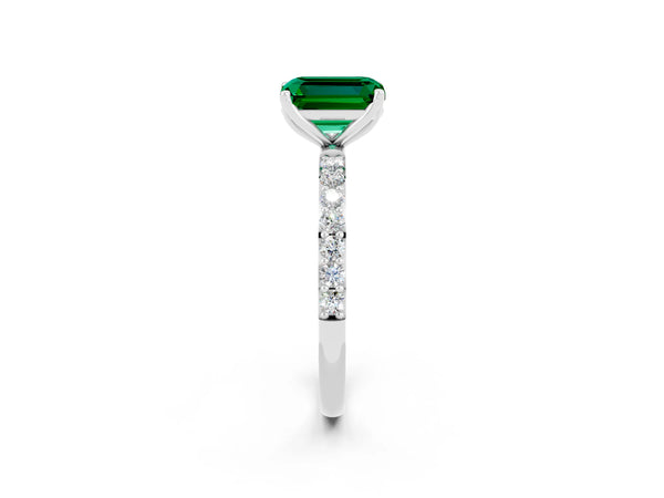 Silver Emerald Cut Emerald Solitaire Engagement Ring with Round  Pavé Band and Prong Setting