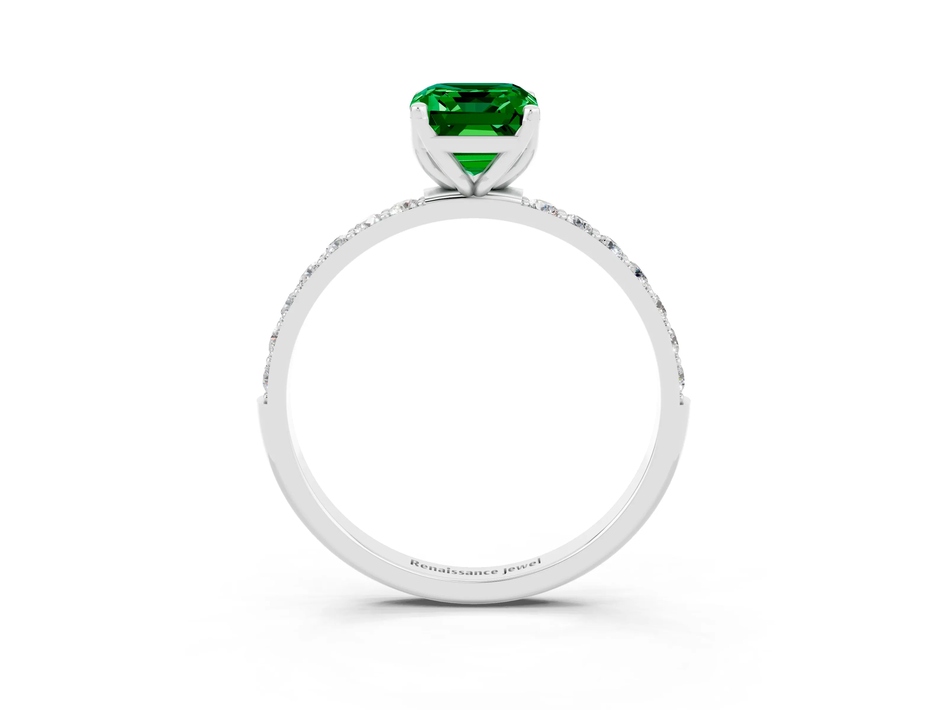 White gold Emerald Cut Emerald Solitaire Engagement Ring with Pavé Band and Prong Setting_3
