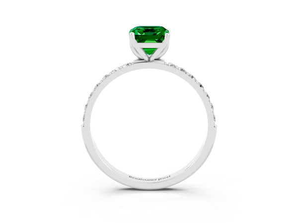 Silver Emerald Cut Emerald Solitaire Engagement Ring with Round  Pavé Band and Prong Setting