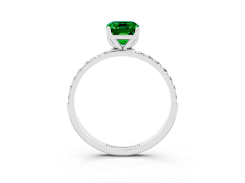 White gold Emerald Cut Emerald Solitaire Engagement Ring with Pavé Band and Prong Setting_3