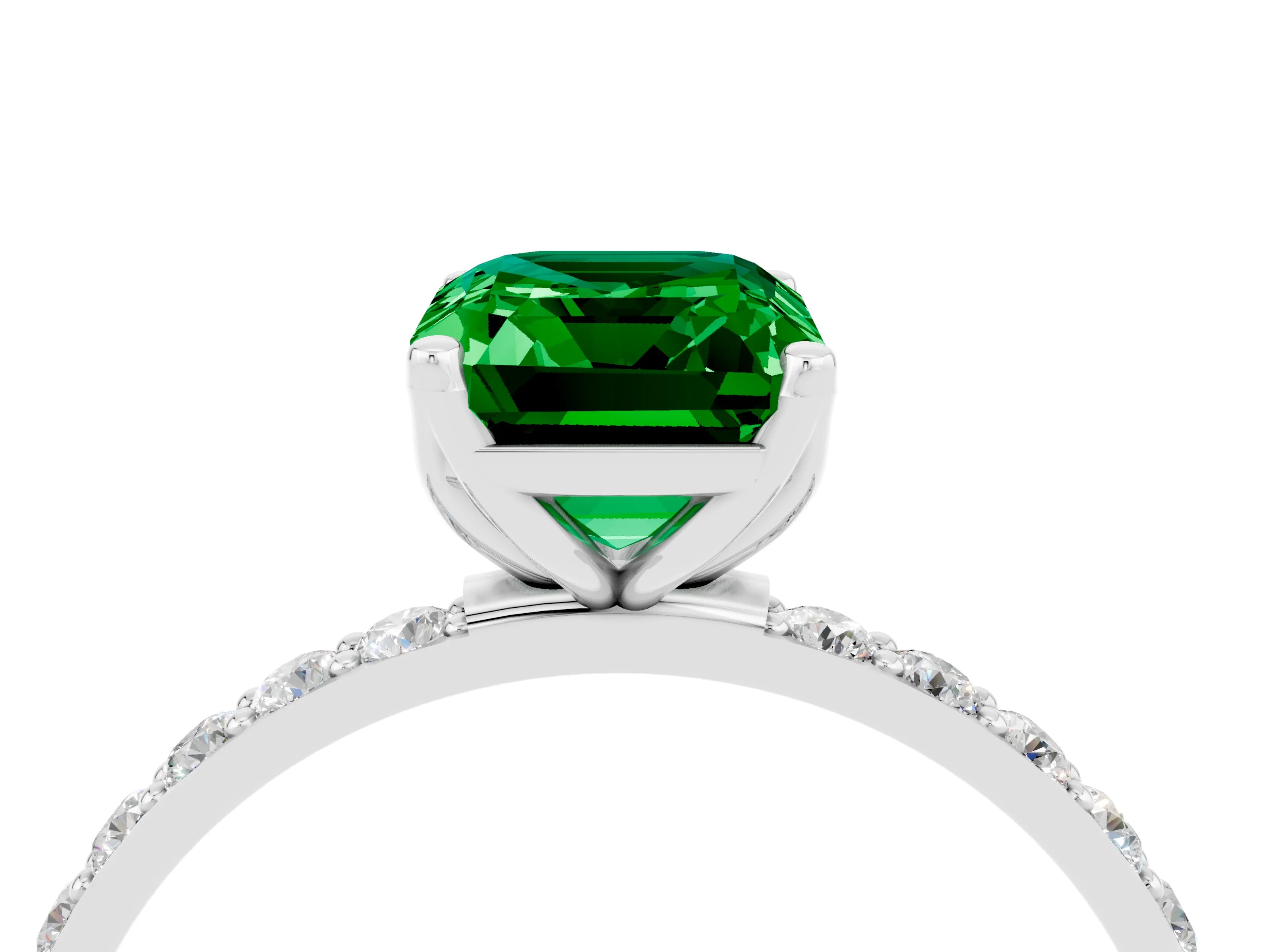 White gold Emerald Cut Emerald Solitaire Engagement Ring with Pavé Band and Prong Setting_4