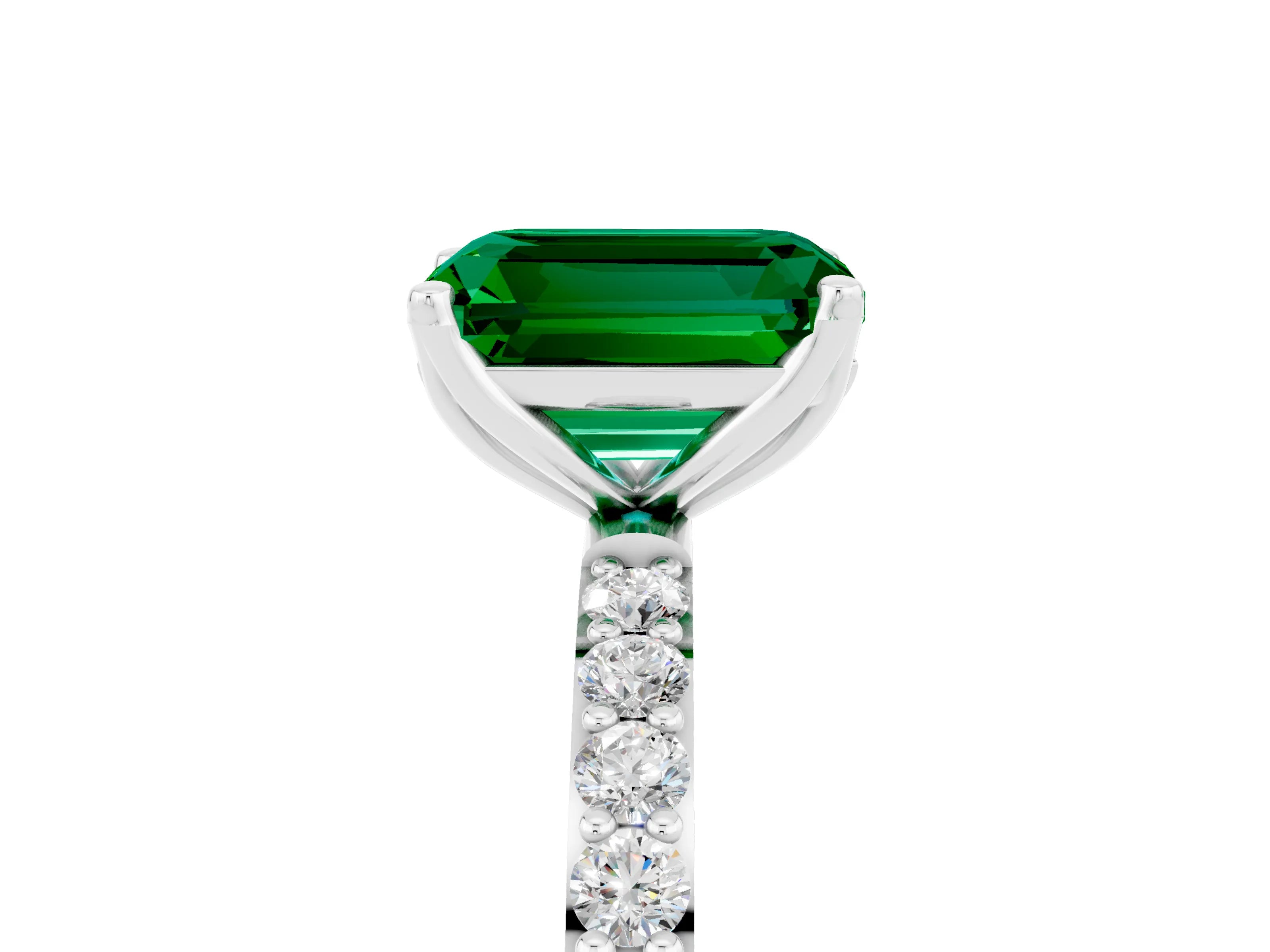 White gold Emerald Cut Emerald Solitaire Engagement Ring with Pavé Band and Prong Setting_5