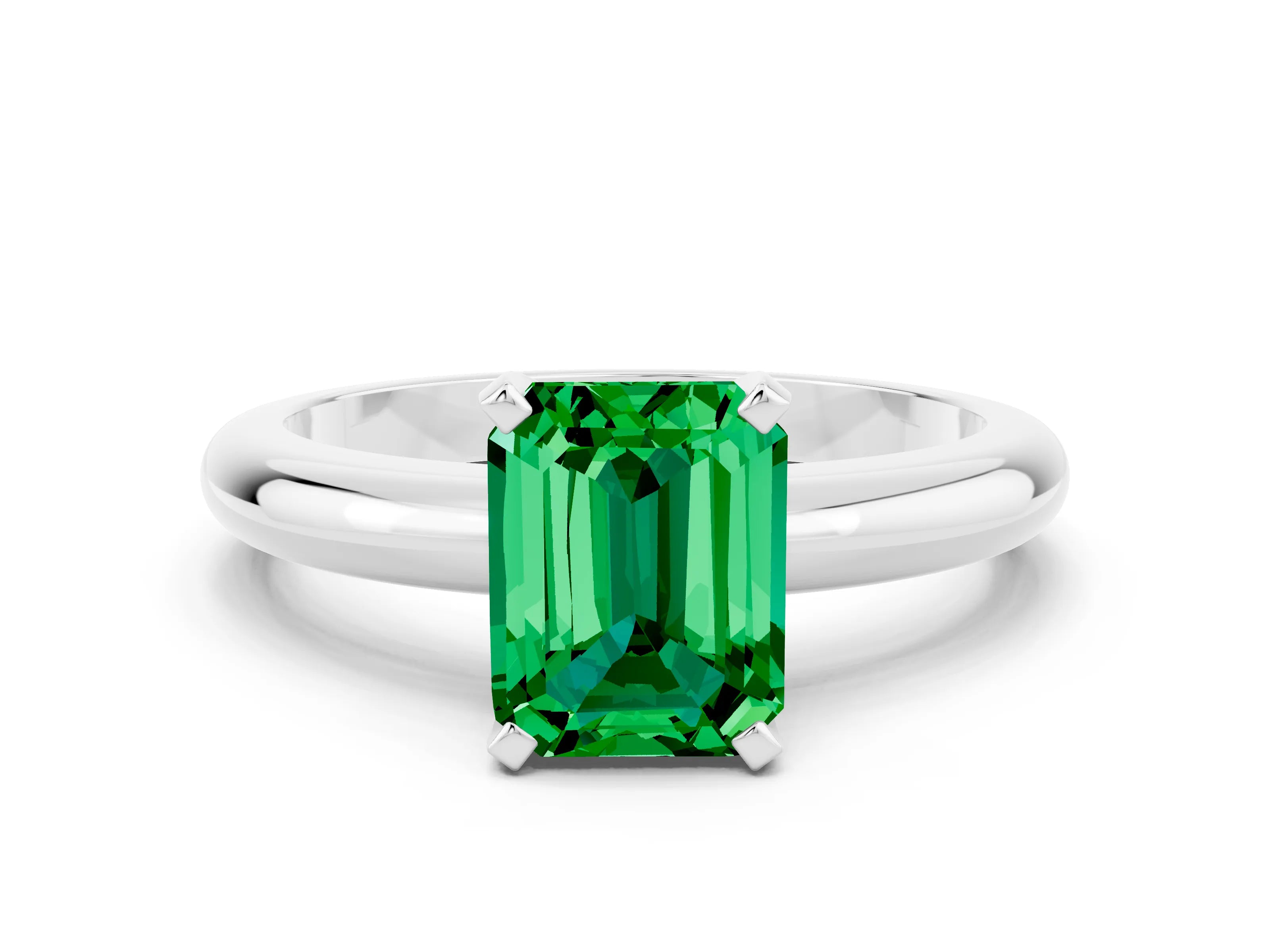 White gold Emerald Cut Emerald Solitaire Engagement Ring with Round Band and Four-Prong Setting